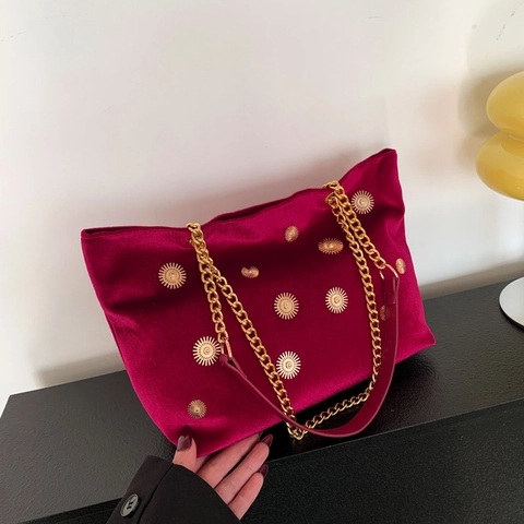 Borsa Tote In Velluto Per Donna Borsa A Tracolla Con Catena Dorata E Borchie A Sole In Metallo Grande Capacità Vintage