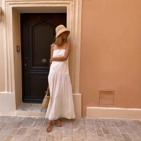 White Strap Maxi Dress Square Neck Pleated Polyester Vacation Sleeveless Elegant Long Flowy Solid Beachwear For Women