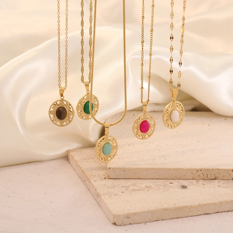 Collana In Acciaio Inossidabile Vintage Pendente In Pietra Naturale Ovale Motivo Sole Geometrico Cavo Gioielli Boho Donna