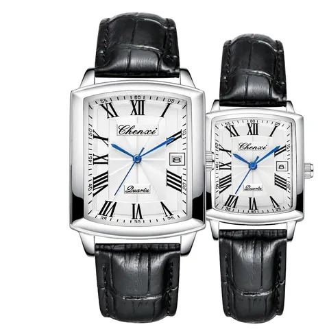 Reloj de Cuarzo para Pareja Chenxi Esfera Cuadrada Números Romanos Correa de Cuero Impermeable Reloj de Pulsera