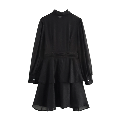Women French Style Chiffon Mini Dress Long Sleeve Bow Tie Neck Layered Ruffle Hem Elegant Solid Black High Waist