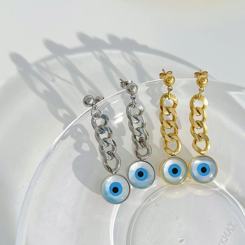 Pendientes Colgantes Ojo Turco Acero Inoxidable Cadena Eslabones Cubanos Incrustación De Concha Para Mujer