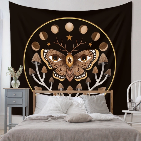 Tapisserie Murale Polyester Suspendue Décorative Esthétique Pour Chambre Salon Bohème Vintage Papillon Lune Papillon De Nuit