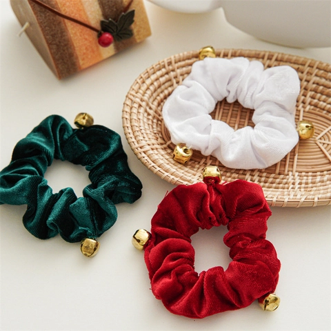 Christmas Hair Scrunchies Velvet Elastic Hair Ties With Golden Bells Holiday Festive Hair Accessories For Women