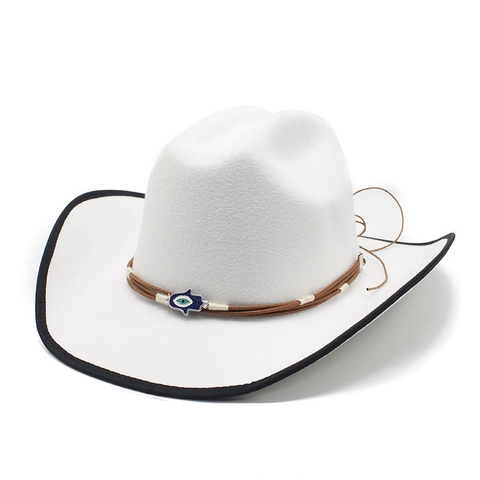 Wollfilz Fedora Hut Breite Krempe Western Cowboy Stil Mit Hamsa Hand Und Evil Eye Dekoband Vintage Ethnisch Für Damen Herren