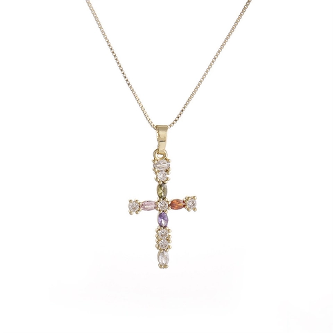 Collar Con Colgante De Cruz Cobre Micro Pavé Zircón Colorido Joyería De Moda Religiosa Para Mujeres