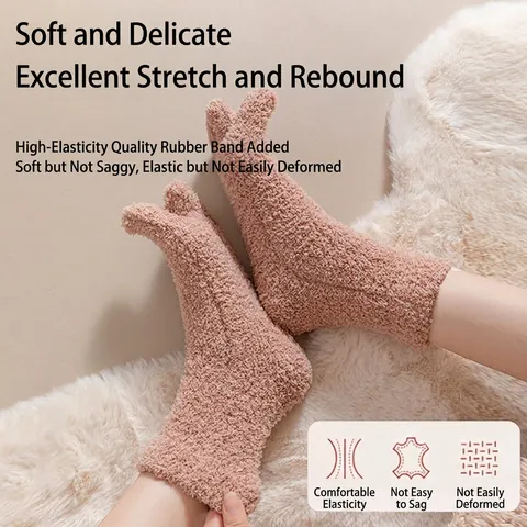 Women Winter Warm Thicken Coral Fleece Five-toe Socks Solid Color Simple Plush Home Floor Sleep Socks For Ladies