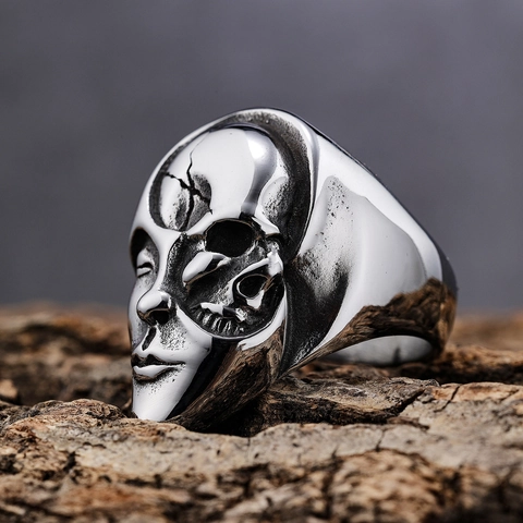 Gothic Split Face Skull Ring Stainless Steel Punk Mask Halloween Jewelry For Men Women Unique Artistic Metal Ornament
