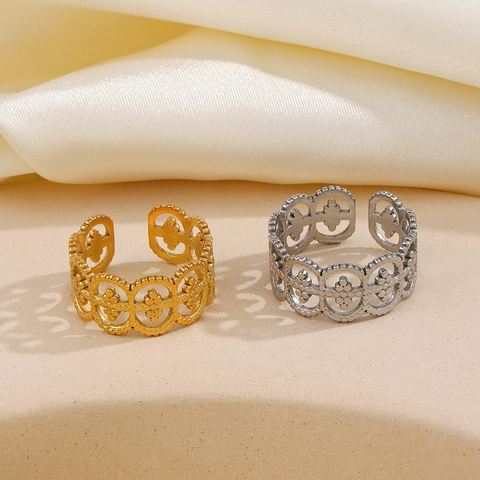 Stainless Steel Hollow Clover Ring Geometric Adjustable Open Band French Retro Bohemian Style Fashion Jewelry For Women