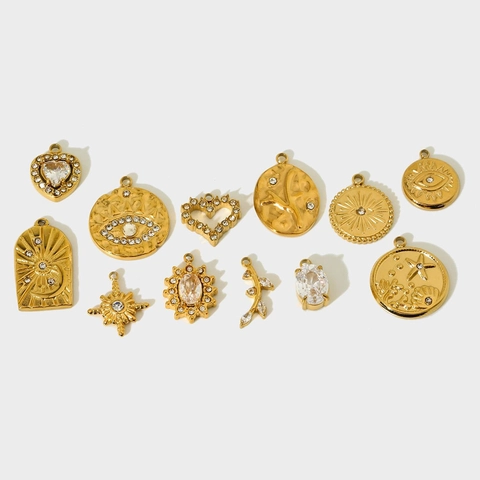 Stainless Steel Gold Plated Charms Pendants With Cubic Zirconia Sun Moon Heart Evil Eye For DIY Jewelry Making Accessories