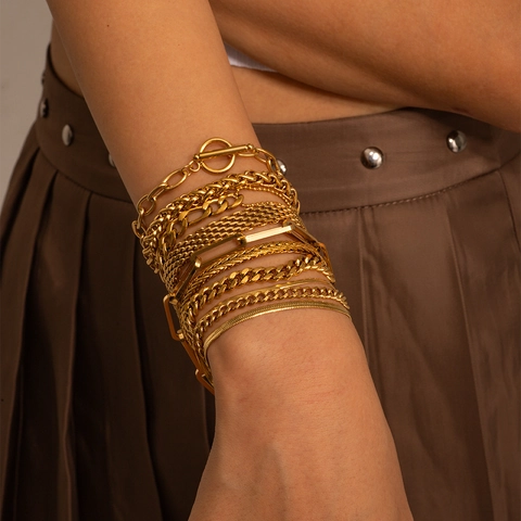 Bracciale Catena Cubana E Serpente Acciaio Inossidabile Placcato Oro 18K Gioielli Eleganti Donna