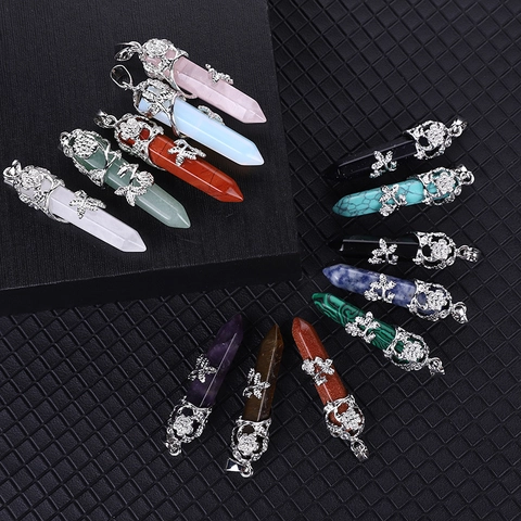 Natural Stone Hexagonal Pillar Pendant Necklace With Silver Color Rose Flower Hollow Wrap Crystal Healing Point Jewelry