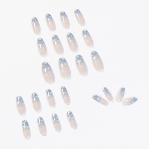 Unghie Finte Press On Forma A Bara Lunga Sfumatura Blu Bianco Motivo Nuvole Stellato Manicure Lucida