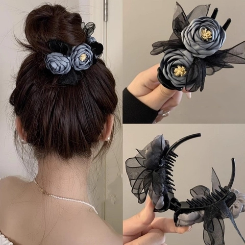 Elegant Fabric Rose Flower Hair Claw Clip With Lace Mesh Bow Korean Style Bun Hair Styling Tool For Women
