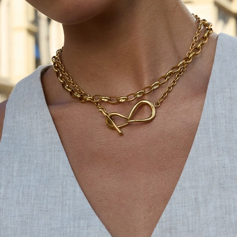 Collier Pendentif Nœud De Cœur Acier Inoxydable Plaqué Or 18K Fermoir À Bascule Minimaliste Bijoux Vintage Pour Femmes