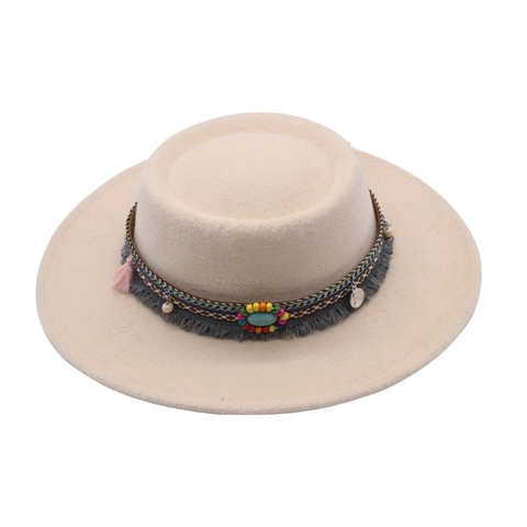 Chapeau Fedora Ethnique Vintage Sommet Plat Large Bord Jazz Hat Avec Bande Tissée Bohème Glands Turquoise Pour Hommes Femmes