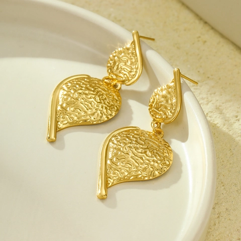 Drop Earrings Hammered Texture Stainless Steel 18K Gold Plated Irregular Leaf Shape Double Layer For Women