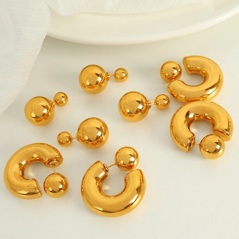 Minimalist Polished Stainless Steel Earrings Chunky C-Shape And Double Ball Studs Metallic Geometric Jewelry For Women