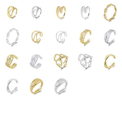 925 Sterling Silver Rings For Women Minimalist Adjustable Open Geometric Interlocking Line Wave Hammered Texture Jewelry