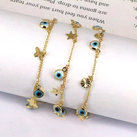 Bracciale Malocchio in Rame Placcato Oro 18K per Donna Bracciale con Ciondolo Farfalla Stella Bohémien Gioielli Catena