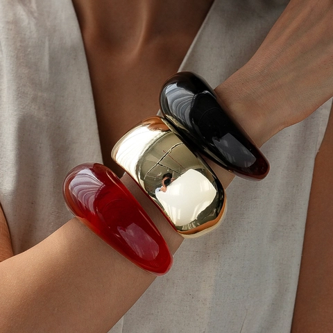 Brazalete Grueso Para Mujer Retro Resina Acrílica Geométrica Minimalista Ancho Metal Abierto Redondo Joyería De Mano