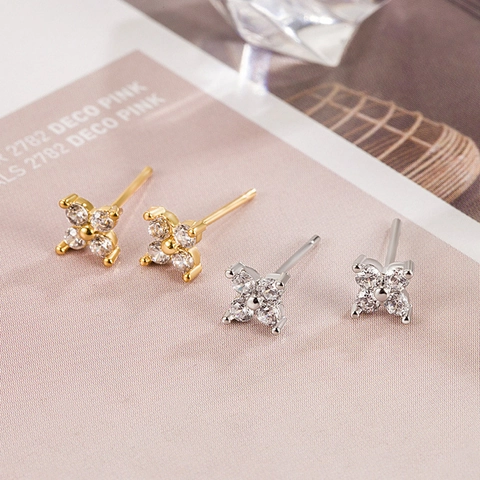 Tiny Four Leaf Clover Flower Stud Earrings Copper Zircon Inlaid With Silver Earring Post For Women Dainty Jewelry