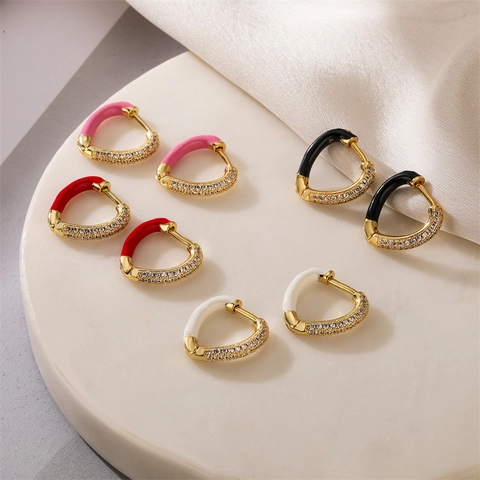 Heart Shape Hoop Earrings Copper Enamel Inlaid Zirconia Colorful Elegant Fashion Jewelry For Women