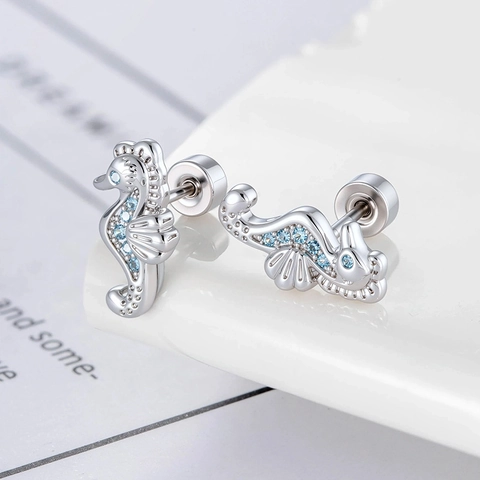 Pendiente Cartílago Hipocampo Acero Titanio Cobre Circón Azul Estilo Océano Joyería Piercing Mujer