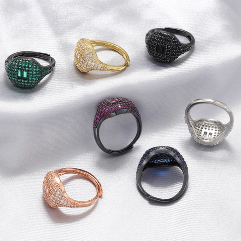 Fashion Luxury Copper 18K Gold Plated Zirconia Square Block Geometric Rectangular Open Adjustable Ring For Women Jewelry
