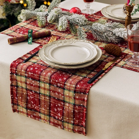 Camino De Mesa Mantel Individual Navidad Estampado Copos Cuadros Poliéster Tela Decoración Festiva Home Kitchen Estilo Americano