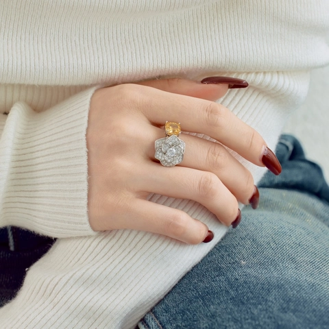 Luxury 925 Sterling Silver Flower Ring Pave Zirconia With Yellow Cushion Cut Gemstone Rose Band Jewelry For Women