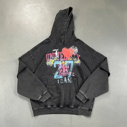 Herren Kapuzenpullover Schwere Baumwolle Gewaschen Vintage Punk Streetwear University Print Gelaagde Patchwork Ärmel