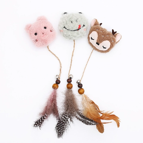 Interactive Cat Teaser Toy Plush Cartoon Animal Head Natural Feather Wood Beads Bell For Kittens
