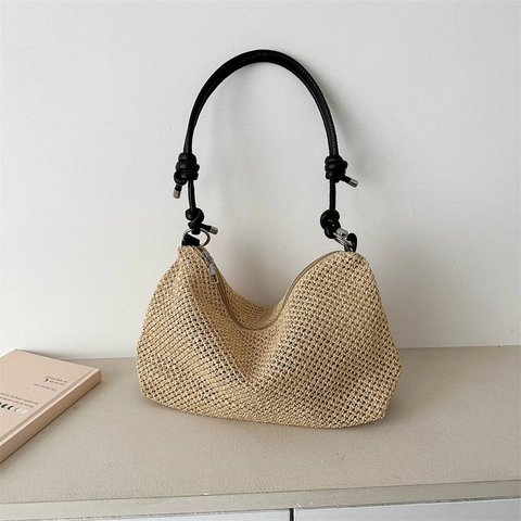 Bolso de Hombro de Paja Tejida Estilo Bohemio Bolso Hobo Con Correa de Hombro con Nudo Gran Capacidad Verano Casual Mujer