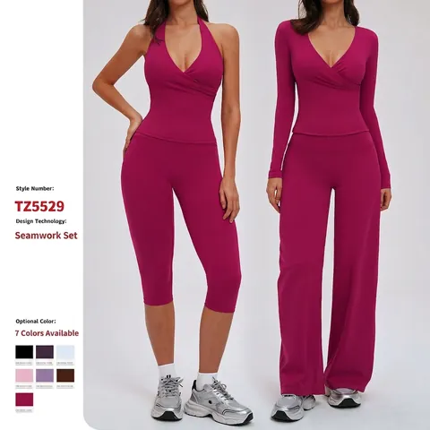 Yoga Dames Polyamide Spandex Geborsteld V-Hals Jas Beha En Wijde Pijpen Broek Hoge Elasticiteit Fitness