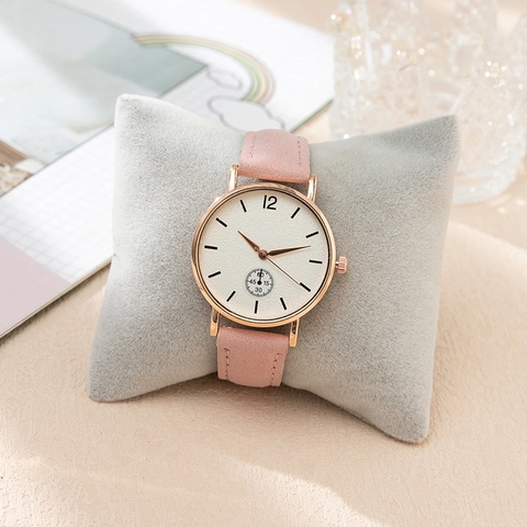 Minimalist Women Quartz Watch Round Dial Rose Gold Alloy Case Faux Leather Strap Casual Dress Wristwatch Fashion Jewelry