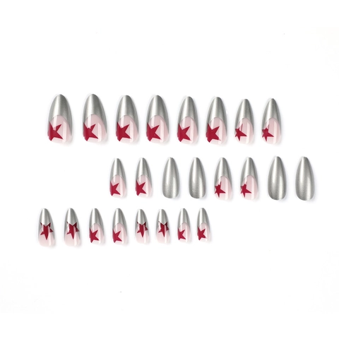 Press On Nails Long Stiletto Almond Shape Silver Metallic French Tip Red Star Pattern Y2K Style Trendy Fashion Manicure