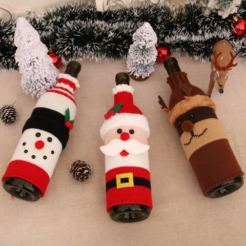 Christmas Wine Bottle Covers Knitted Santa Snowman Reindeer Holiday Festive Dining Table Ornament Decoration