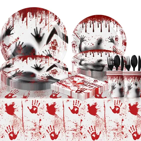 Stoviglie Usa E Getta Halloween Piatti Carta Bicchieri Tovaglioli Tovaglia Posate Impronta Insanguinata Decorazioni