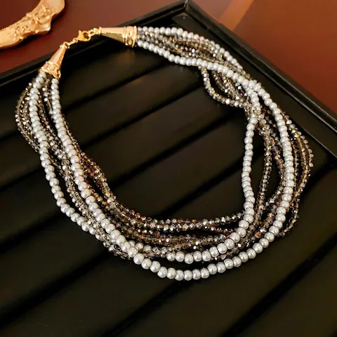 Collana Multistrato Elegante Francese Künstliche Perle Grigie Cristallo Sfaccettato Donna Vintage Lega Oro Catena Clavicola