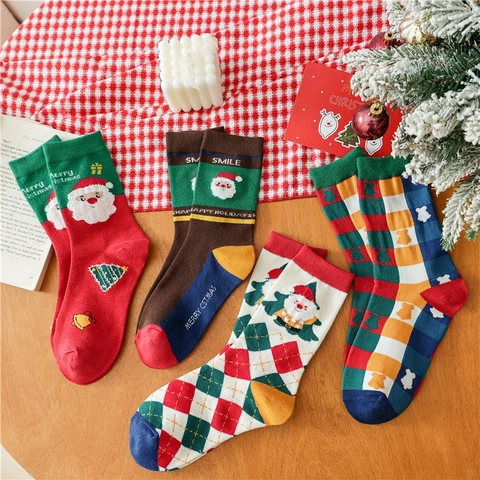 Calze Di Natale Donna Cotone Maglia Cartone Babbo Natale Albero Modello Carino Festivo Metà Polpaccio Regali
