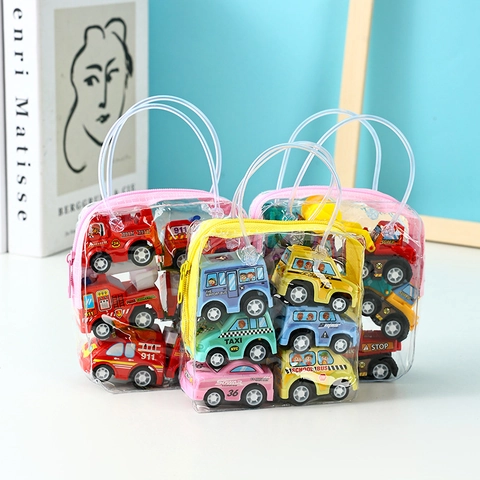 Mini Pull Back Toy Cars Plastic Inertial Vehicles Engineering Fire City Rescue Trucks Cartoon Colorful For Toddlers Kids Boys Girls Portable Pouch