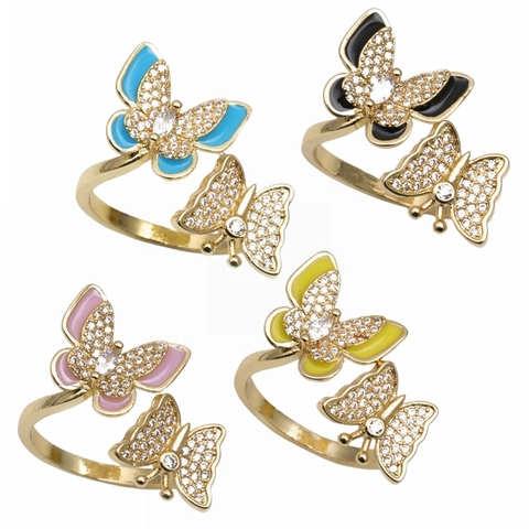 Anillo Abierto Mariposa Cobre Circón Esmalte Micro Pavé Ajustable Joyería De Moda Elegante Para Mujeres