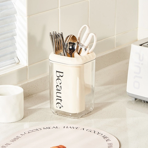 Porte Couverts Style Crème Tube À Baguettes Organisateur De Cuisine Égouttable Plastique Double Couche Pour Cuillères Fourchettes Couteaux