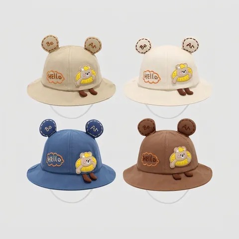 Kids Bucket Hat Cotton Blend Cute Cartoon Bear Ears Wide Brim Sun Protection Windproof Chin Strap Outdoor Toddler Hat