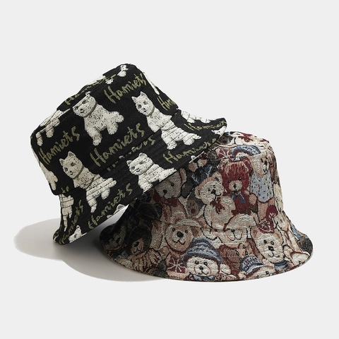 Cappello Alla Pescatora Con Motivo Cartoon Cane Orsetto Tessuto Jacquard Protezione Solare Casual Testa Piatta Unisex