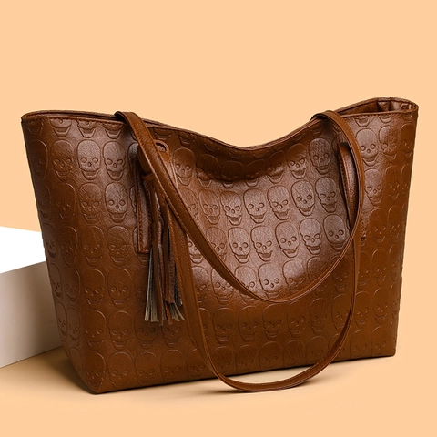 Bolso Tote Grande Para Mujer Con Relieve De Calavera Cuero PU Bolso De Hombro De Mano Con Borla Para El Diario