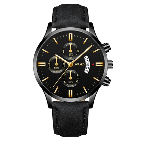 Quartz Watch For Men Leather Strap Alloy Case Chronograph Style Three Eye Six Hand Calendar Date Business Fashion Wristwatch