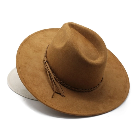 Vintage Suede Look Polyester Fedora Hat For Women Men Wide Brim Braided Band Trilby Jazz Hat Outdoor Sun Protection Panama Hat