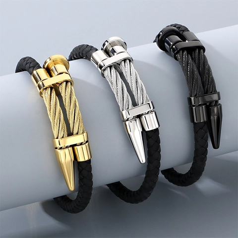 Men's Stainless Steel Woven Leather Bracelet Punk Nail Head Design Industrial Style Gold Silver Black Bangle Jewelry